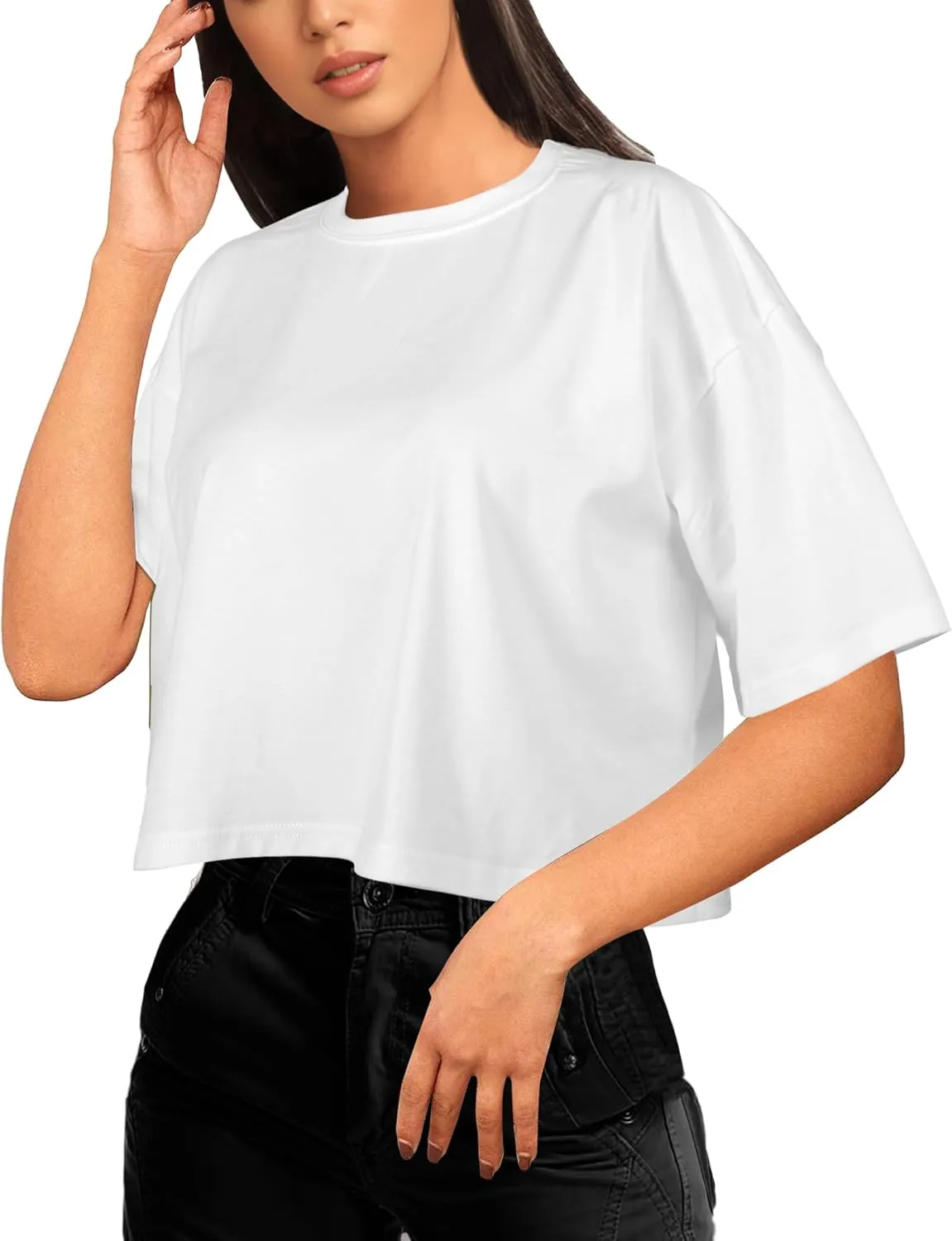 Buauty Womens Oversized Crop Tops, Short Sleeve Workout T-Shirt, Basic Drop Shoulder Boxy Tees, Summer Casual Athletic Shirts