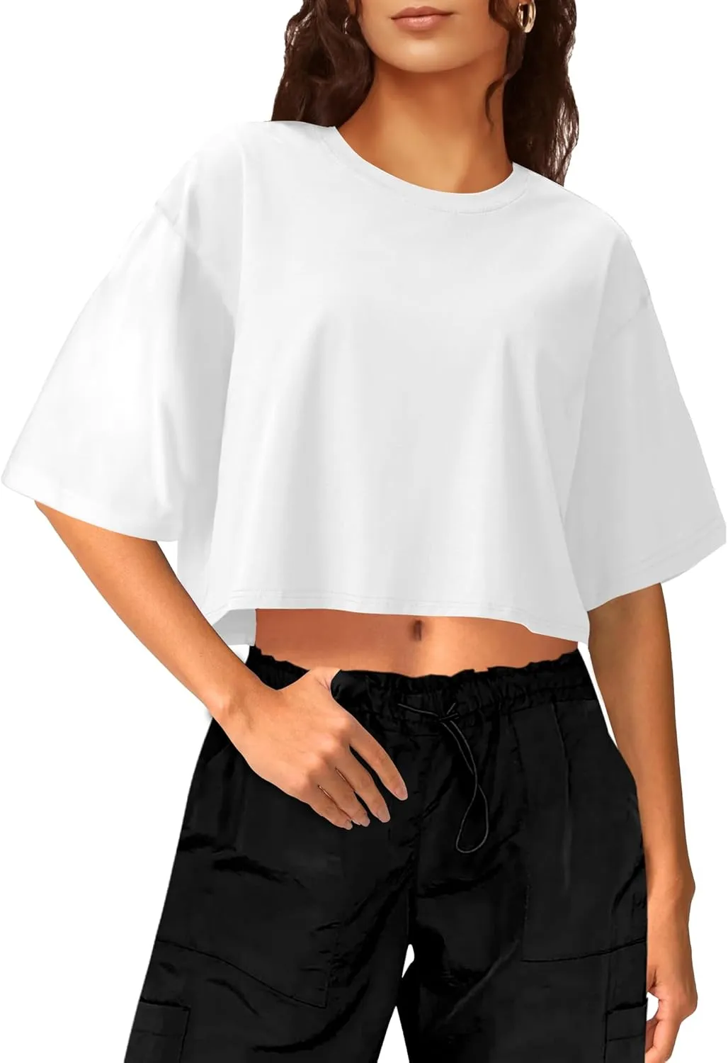 Buauty Womens Oversized Crop Tops, Short Sleeve Workout T-Shirt, Basic Drop Shoulder Boxy Tees, Summer Casual Athletic Shirts