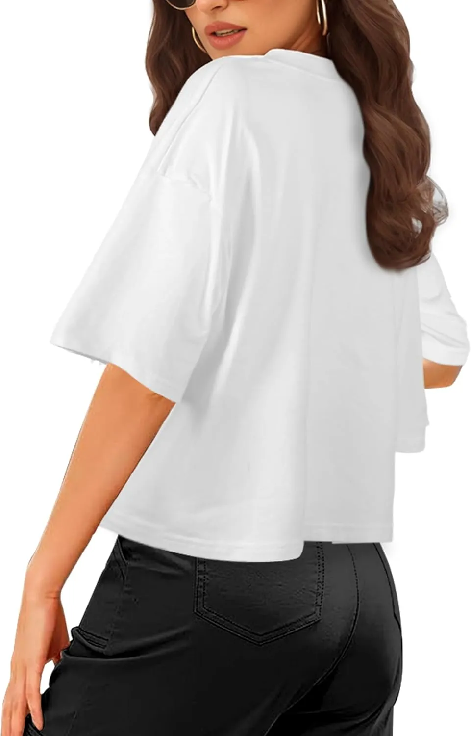 Buauty Womens Oversized Crop Tops, Short Sleeve Workout T-Shirt, Basic Drop Shoulder Boxy Tees, Summer Casual Athletic Shirts