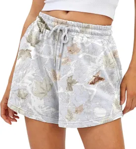 Camo Sweat Shorts for Women Drawstring Elastic Waist Maple Leaf Print Lounge Athletic Shorts with Pockets