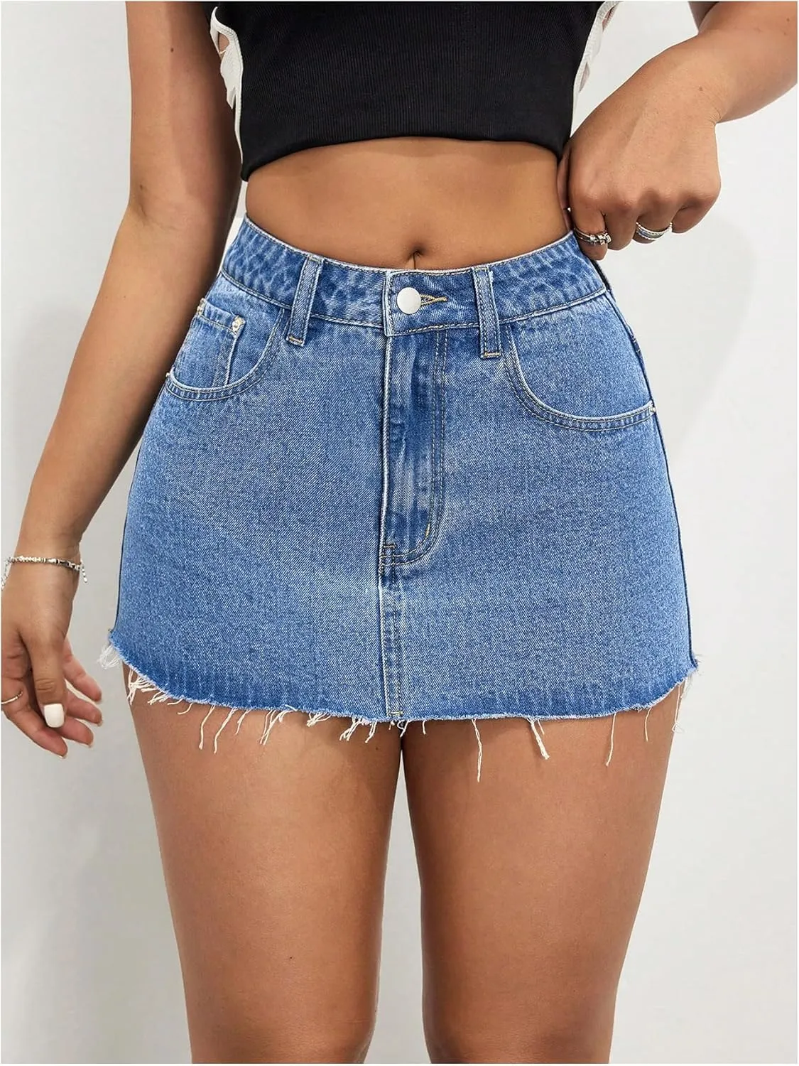 COZYEASE Women's Vintage Mini Denim Skirts Raw Hem Bodycon Jeans Skirt with Pockets