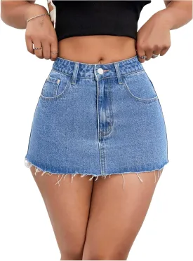 COZYEASE Women's Vintage Mini Denim Skirts Raw Hem Bodycon Jeans Skirt with Pockets