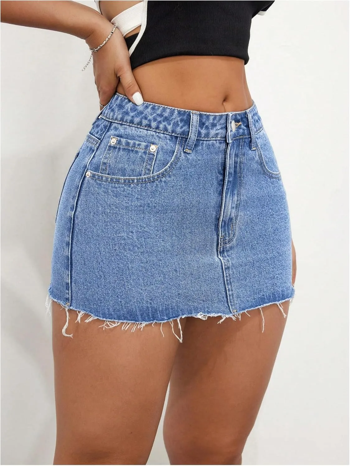 COZYEASE Women's Vintage Mini Denim Skirts Raw Hem Bodycon Jeans Skirt with Pockets