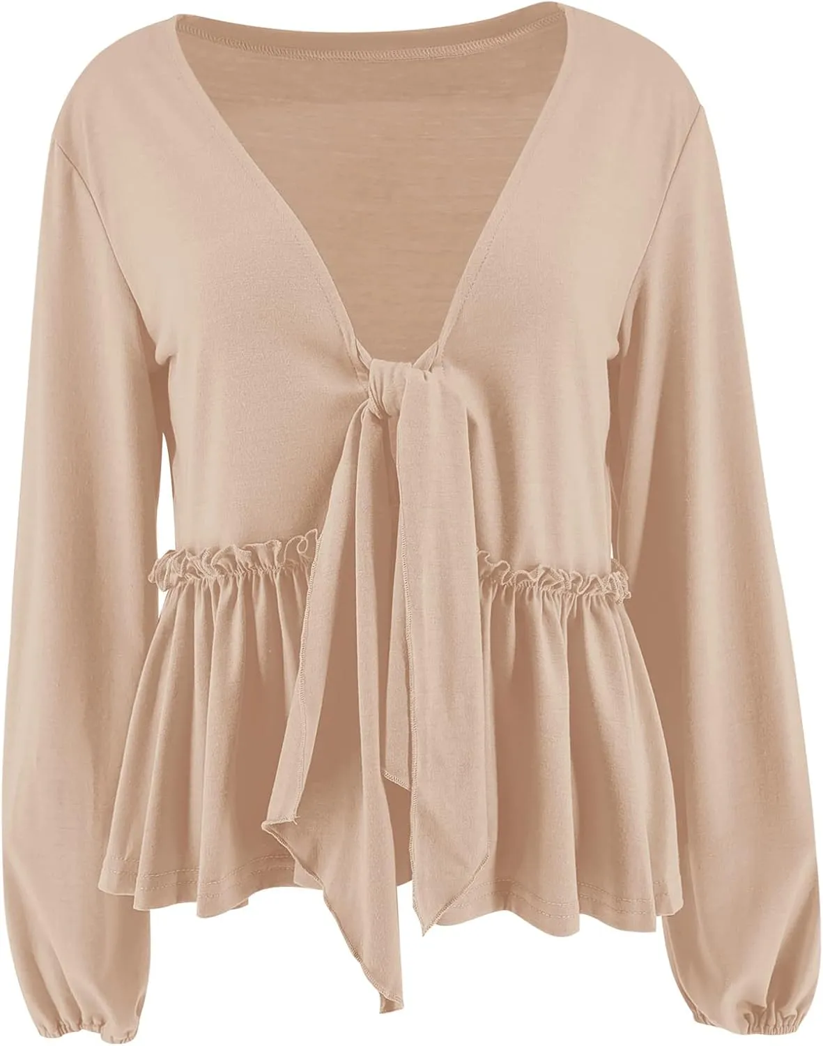 Fanway&EC Women's Long Sleeve V Neck Blouses Babydoll Tie Front Shirts Ruffle Hem Casual Crop Tops