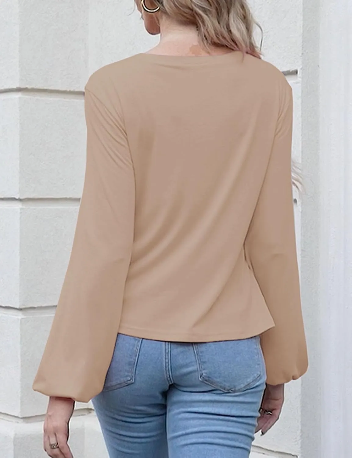 Fanway&EC Women's Long Sleeve V Neck Blouses Babydoll Tie Front Shirts Ruffle Hem Casual Crop Tops