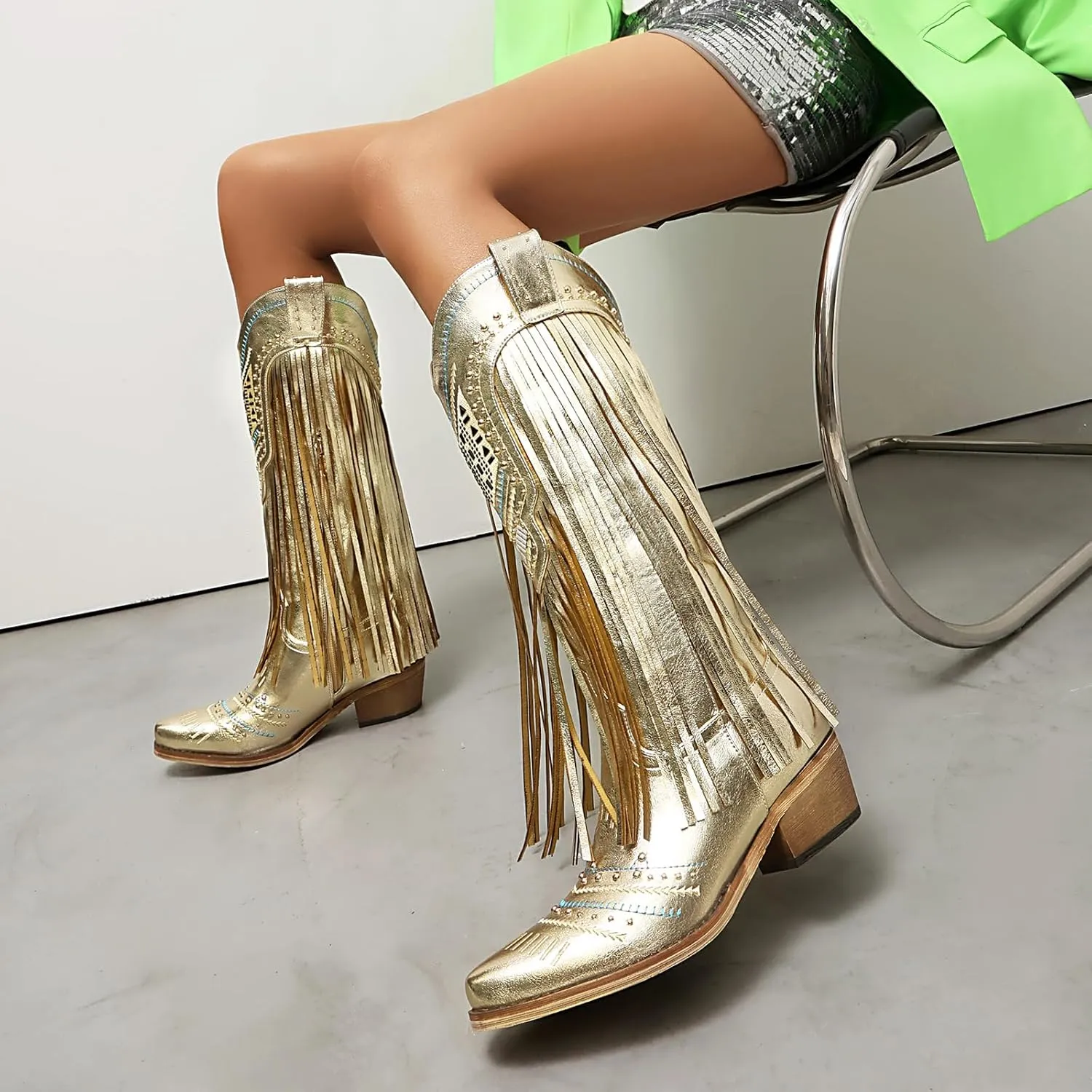 Fringe Cowboy Boots for Women Wide Calf Embroidered Tassal Cowgirl Boot Knee High Snip Toe Pull On Western Shoes