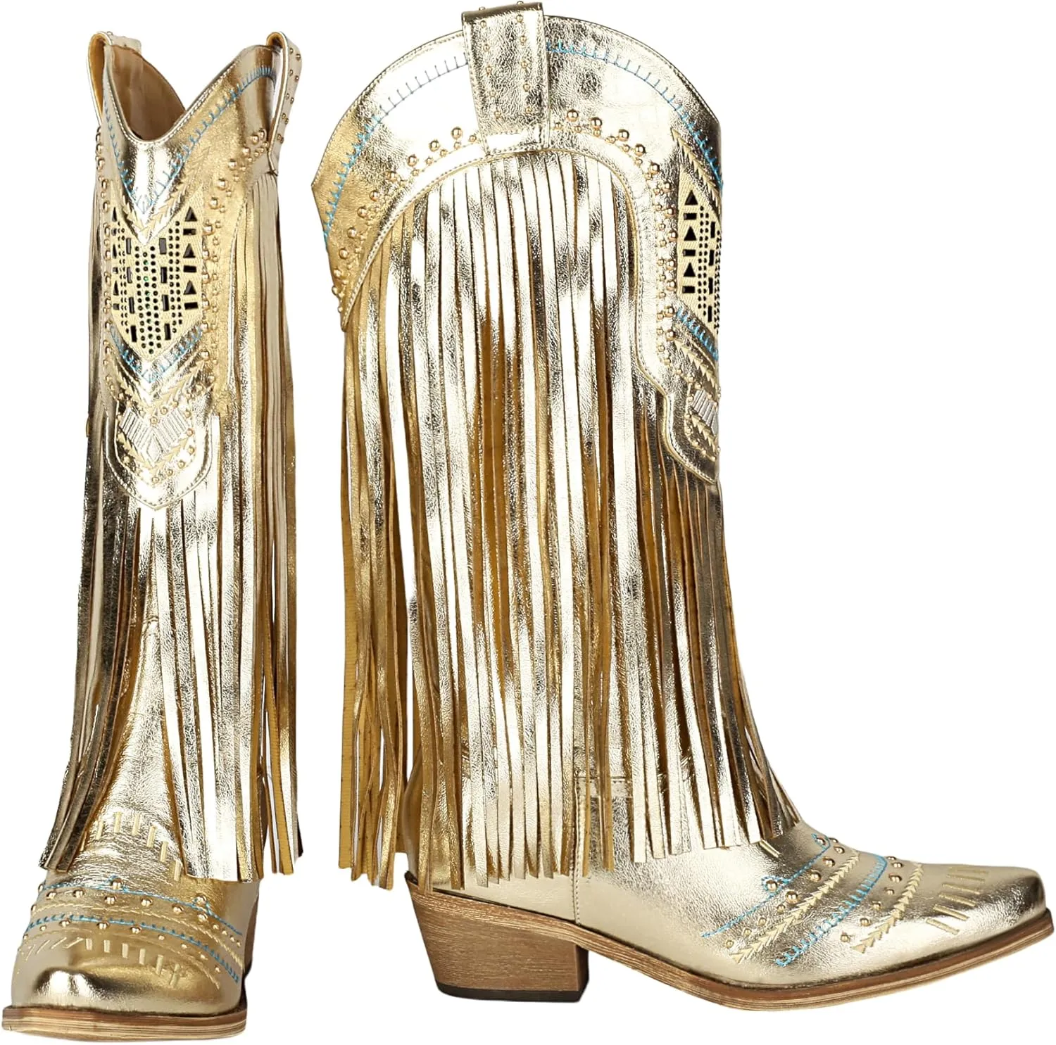 Fringe Cowboy Boots for Women Wide Calf Embroidered Tassal Cowgirl Boot Knee High Snip Toe Pull On Western Shoes