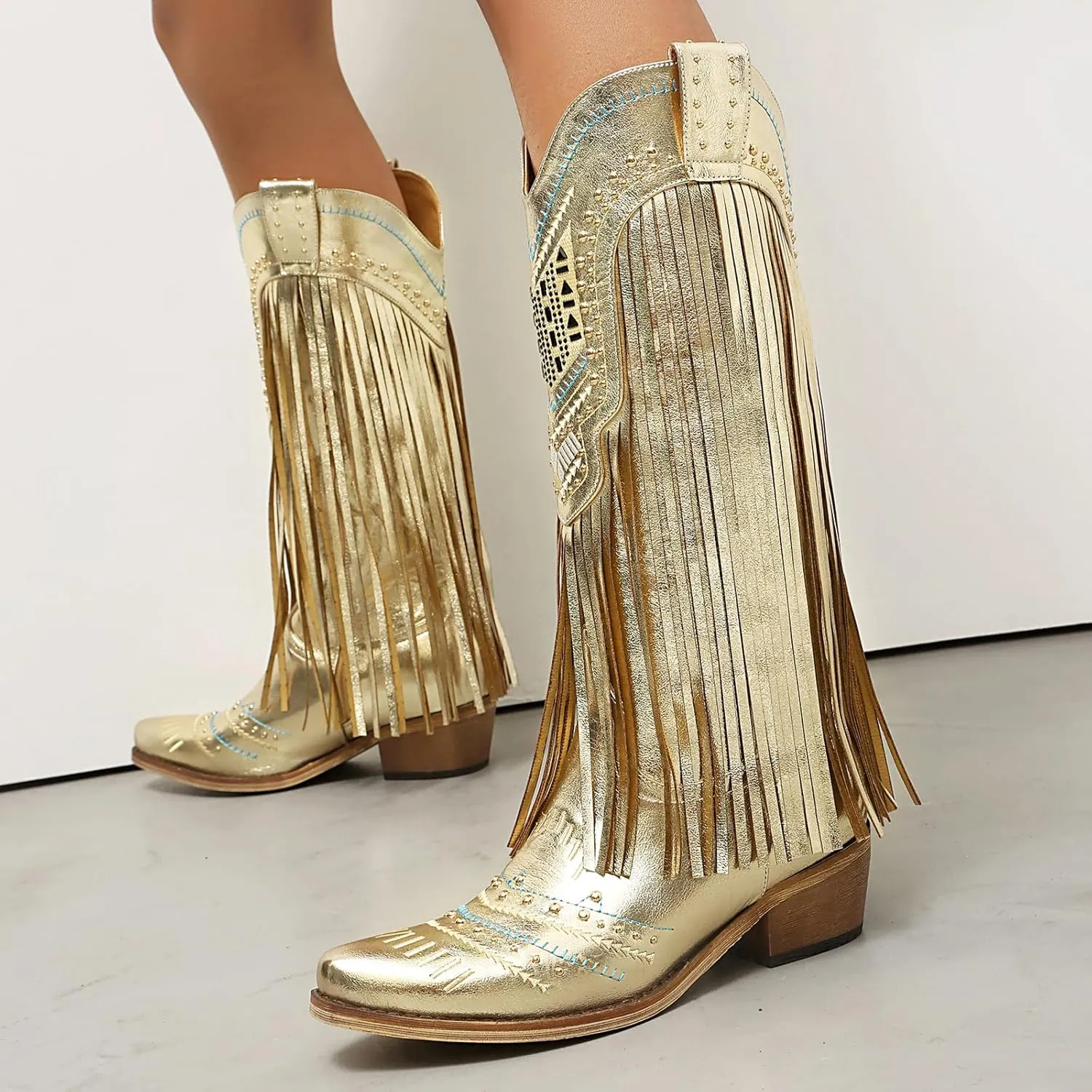 Fringe Cowboy Boots for Women Wide Calf Embroidered Tassal Cowgirl Boot Knee High Snip Toe Pull On Western Shoes