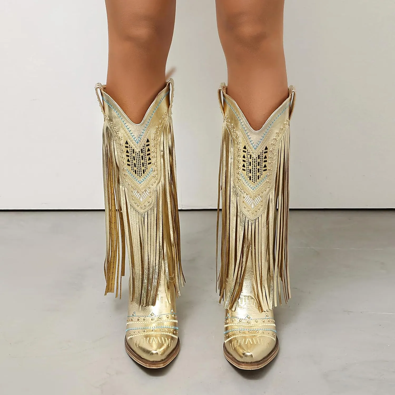 Fringe Cowboy Boots for Women Wide Calf Embroidered Tassal Cowgirl Boot Knee High Snip Toe Pull On Western Shoes