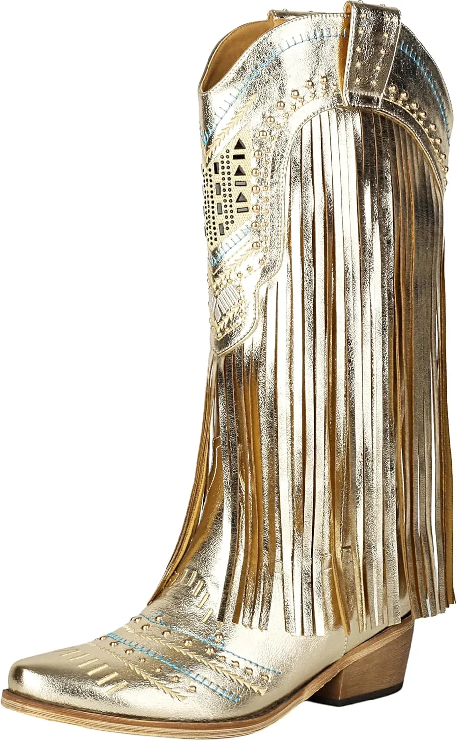 Fringe Cowboy Boots for Women Wide Calf Embroidered Tassal Cowgirl Boot Knee High Snip Toe Pull On Western Shoes