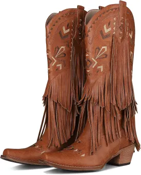Fringe Cowgirl Boots-Square Toe Chunky Heel Cowboy Boots Wide Calf Knee High Boots Embroidered Tassel Pull on Fall Winter Western Vintage Retro Shoes for Ladies