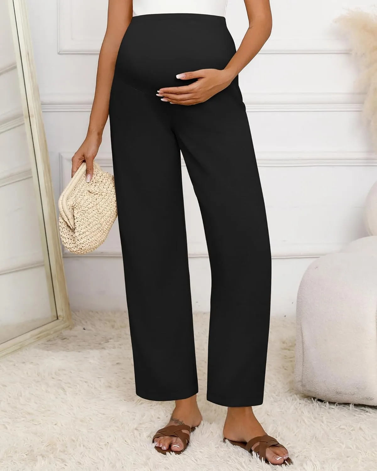 Huukeay Women's Cotton Linen Maternity Pants, High Waisted Lounge Pregnancy Pants Over The Belly Trousers with Pockets