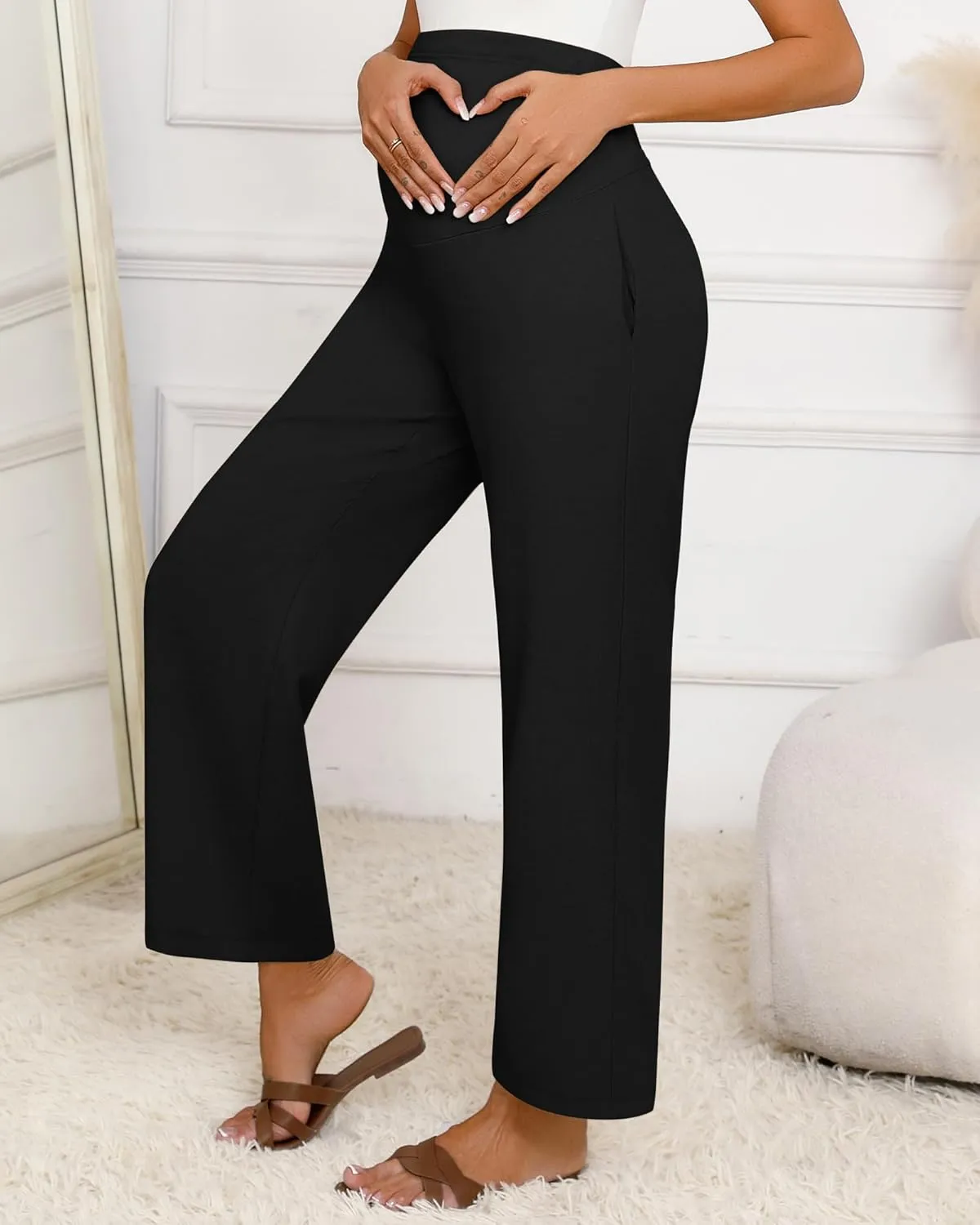 Huukeay Women's Cotton Linen Maternity Pants, High Waisted Lounge Pregnancy Pants Over The Belly Trousers with Pockets