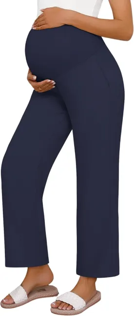 Huukeay Women's Cotton Linen Maternity Pants, High Waisted Lounge Pregnancy Pants Over The Belly Trousers with Pockets