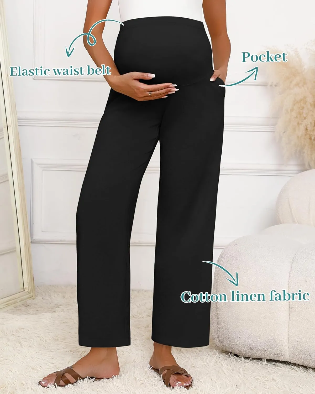 Huukeay Women's Cotton Linen Maternity Pants, High Waisted Lounge Pregnancy Pants Over The Belly Trousers with Pockets