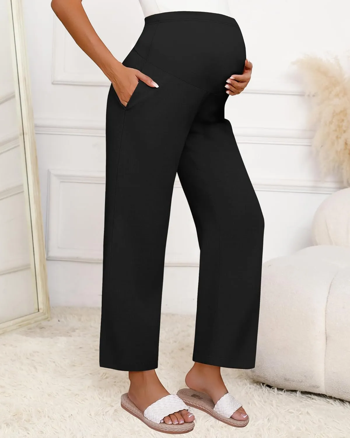 Huukeay Women's Cotton Linen Maternity Pants, High Waisted Lounge Pregnancy Pants Over The Belly Trousers with Pockets