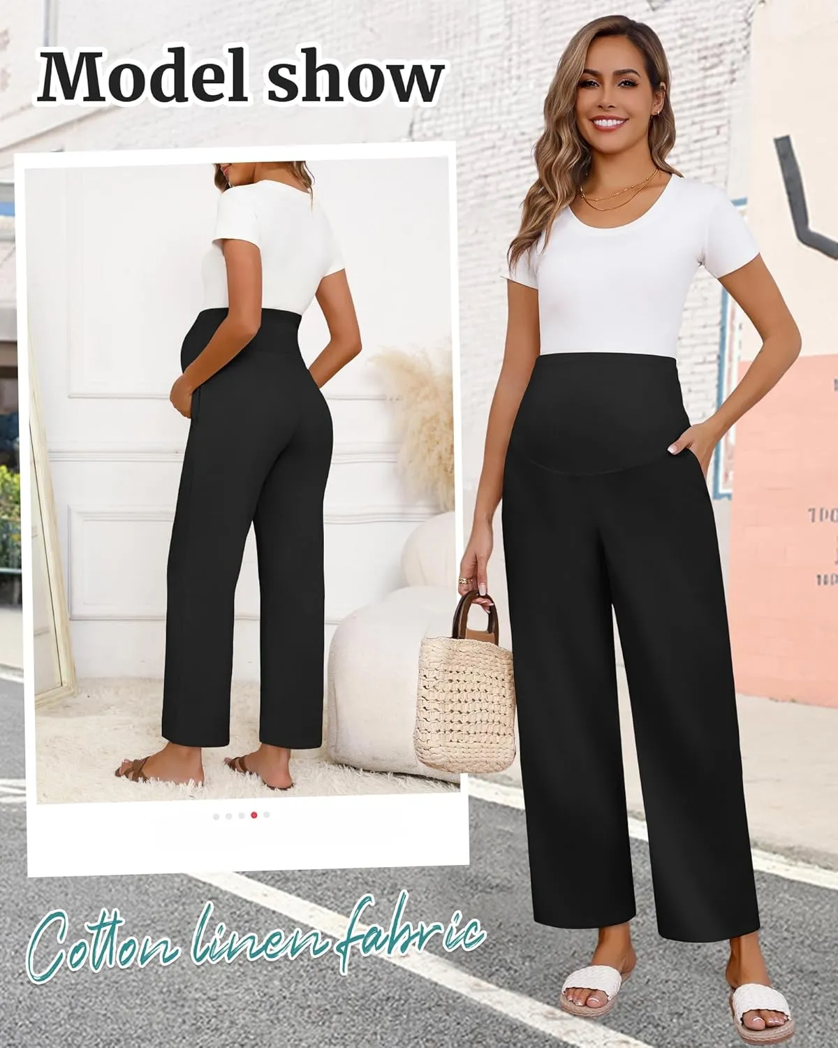 Huukeay Women's Cotton Linen Maternity Pants, High Waisted Lounge Pregnancy Pants Over The Belly Trousers with Pockets