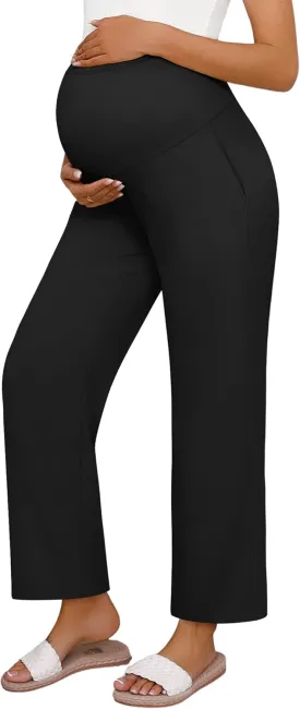 Huukeay Women's Cotton Linen Maternity Pants, High Waisted Lounge Pregnancy Pants Over The Belly Trousers with Pockets