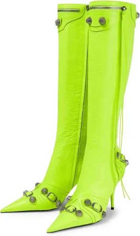 Kluolandi Women's Stiletto High Heel Knee High Boots with Tassel Pointy Toe Studded Zipper Booties Dress Shoes