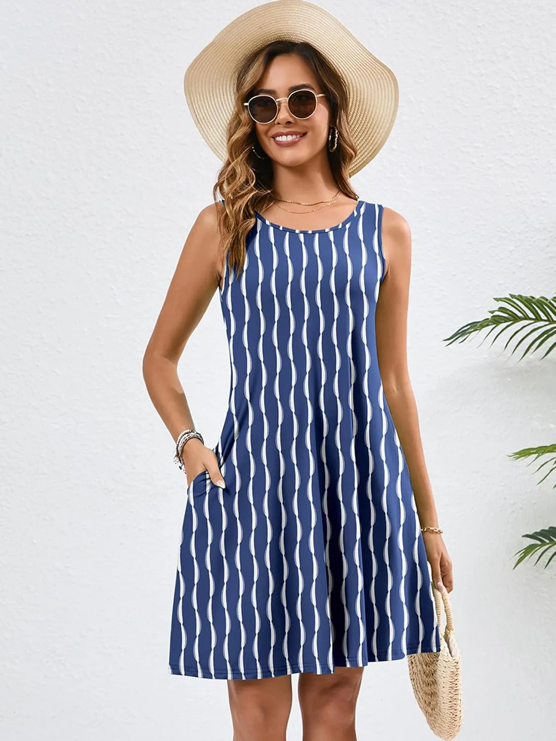 KORSIS Summer Dresses for Women Casual T Shirt Tank Dresses Sleeveless Swing Flowy Ladies Beach Vacation Sundress with Pocket