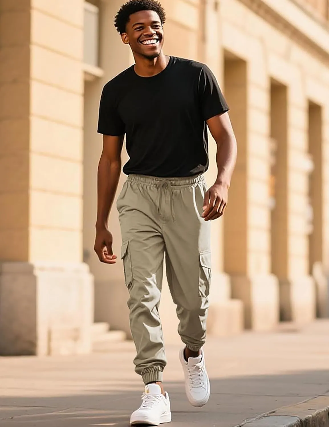 Lzzidou Men's Casual Cargo Jogger Pants Drawstring Waist Lightweight Straight Sweatpants