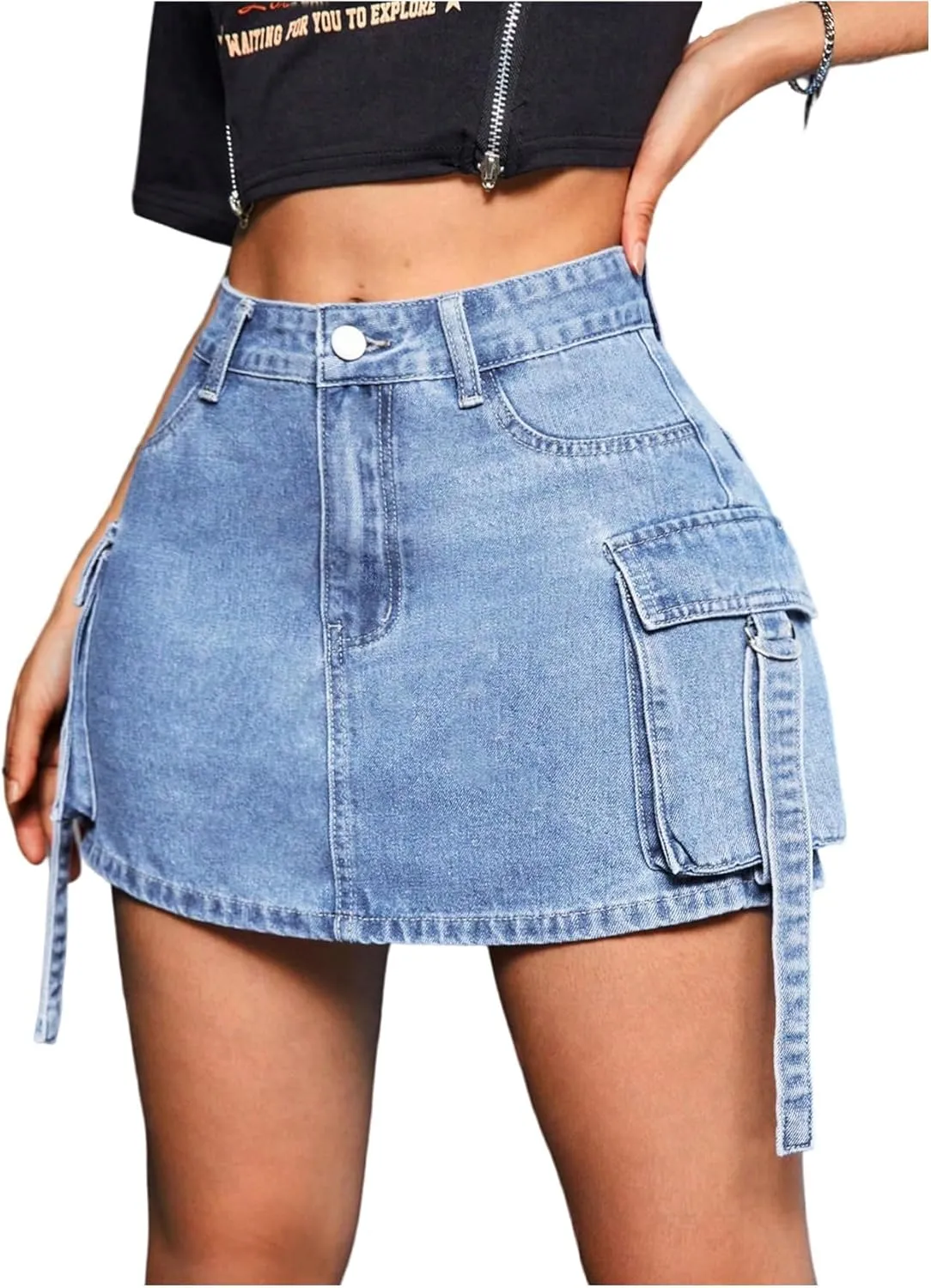 MakeMeChic Women's Denim Skirt Button Y2k Mini Cargo Jean Skirts with Flap Pocket