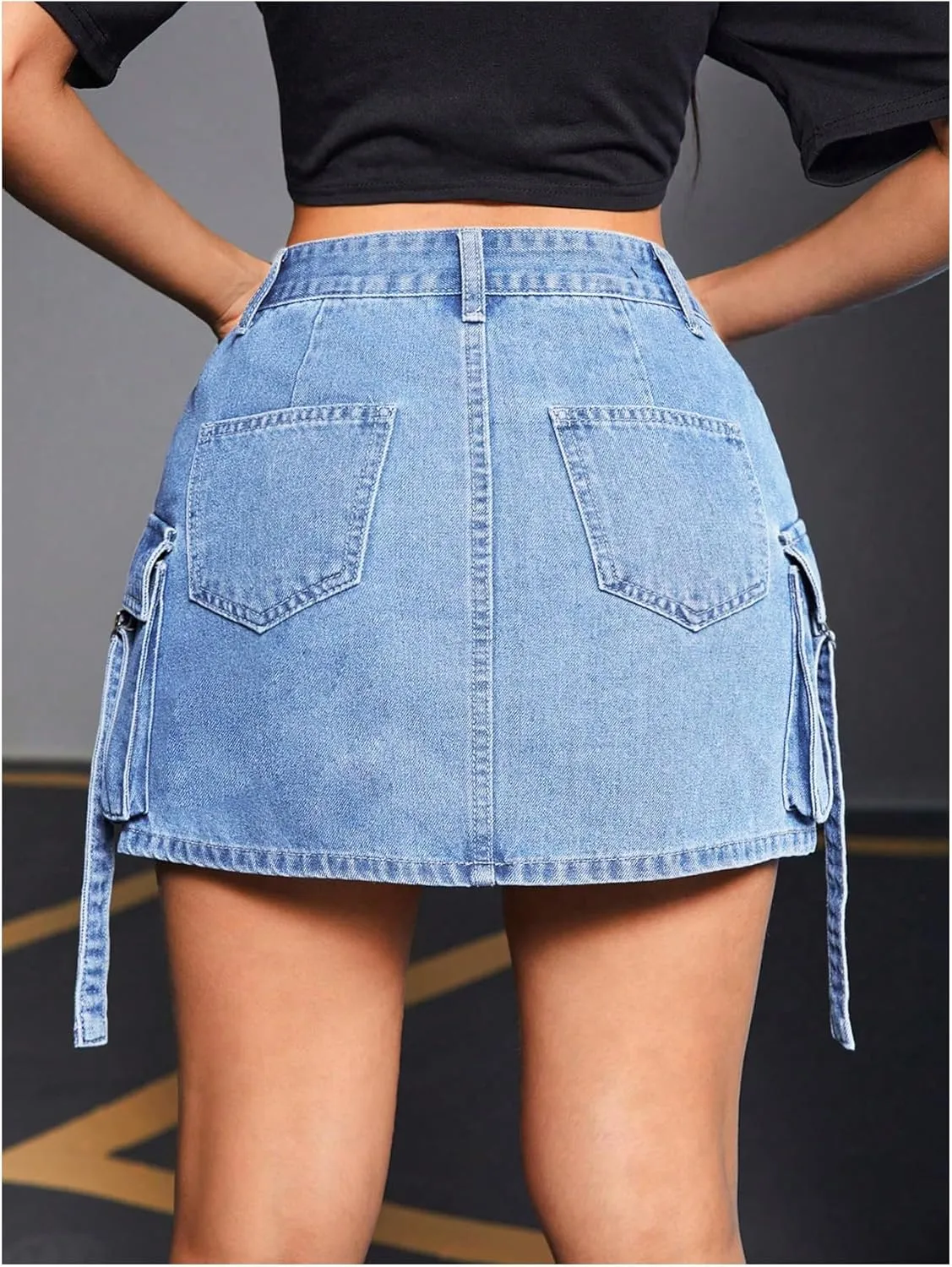 MakeMeChic Women's Denim Skirt Button Y2k Mini Cargo Jean Skirts with Flap Pocket