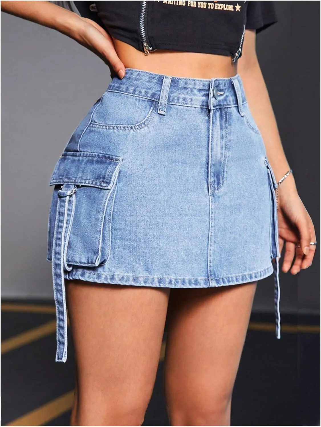 MakeMeChic Women's Denim Skirt Button Y2k Mini Cargo Jean Skirts with Flap Pocket