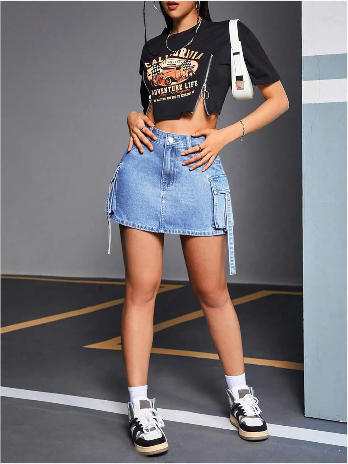 MakeMeChic Women's Denim Skirt Button Y2k Mini Cargo Jean Skirts with Flap Pocket