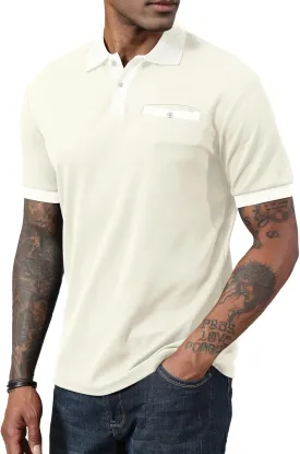 Mens Polo Shirts Short Sleeve Golf Casual Polo Collar Vintage Pique Shirts with Pocket