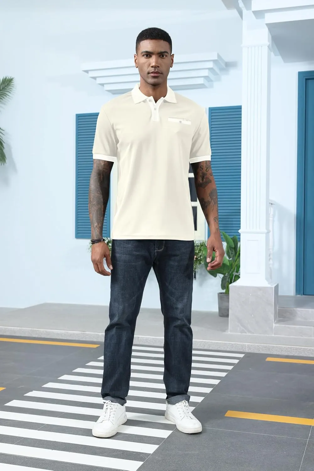 Mens Polo Shirts Short Sleeve Golf Casual Polo Collar Vintage Pique Shirts with Pocket