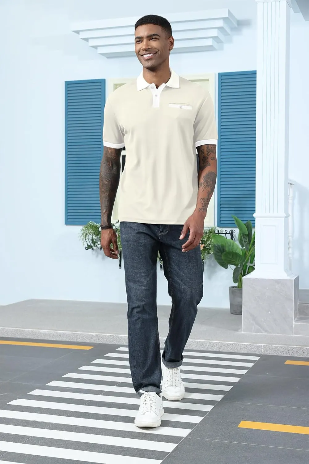 Mens Polo Shirts Short Sleeve Golf Casual Polo Collar Vintage Pique Shirts with Pocket