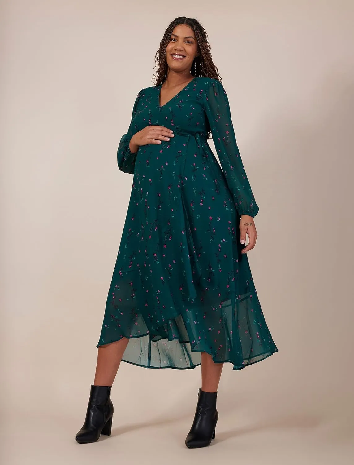 Motherhood Maternity Women's Long Sleeve Wrap Flounce Midi Pregnancy Dress