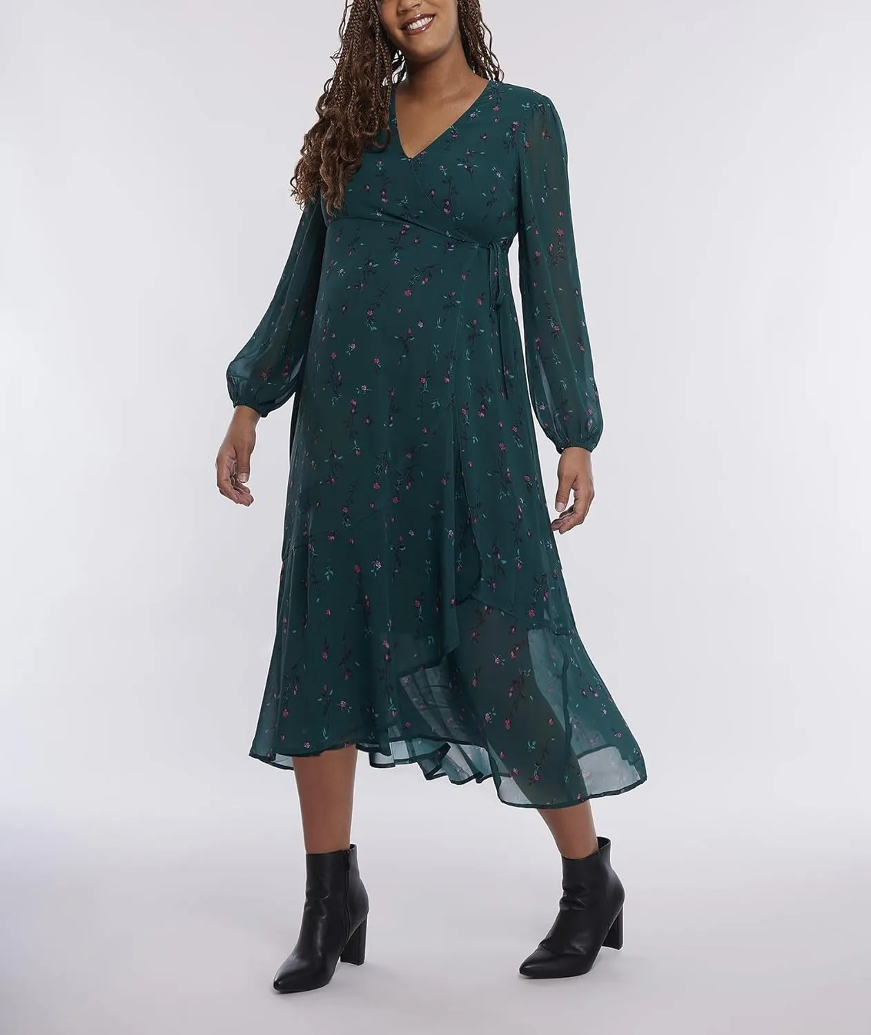 Motherhood Maternity Women's Long Sleeve Wrap Flounce Midi Pregnancy Dress