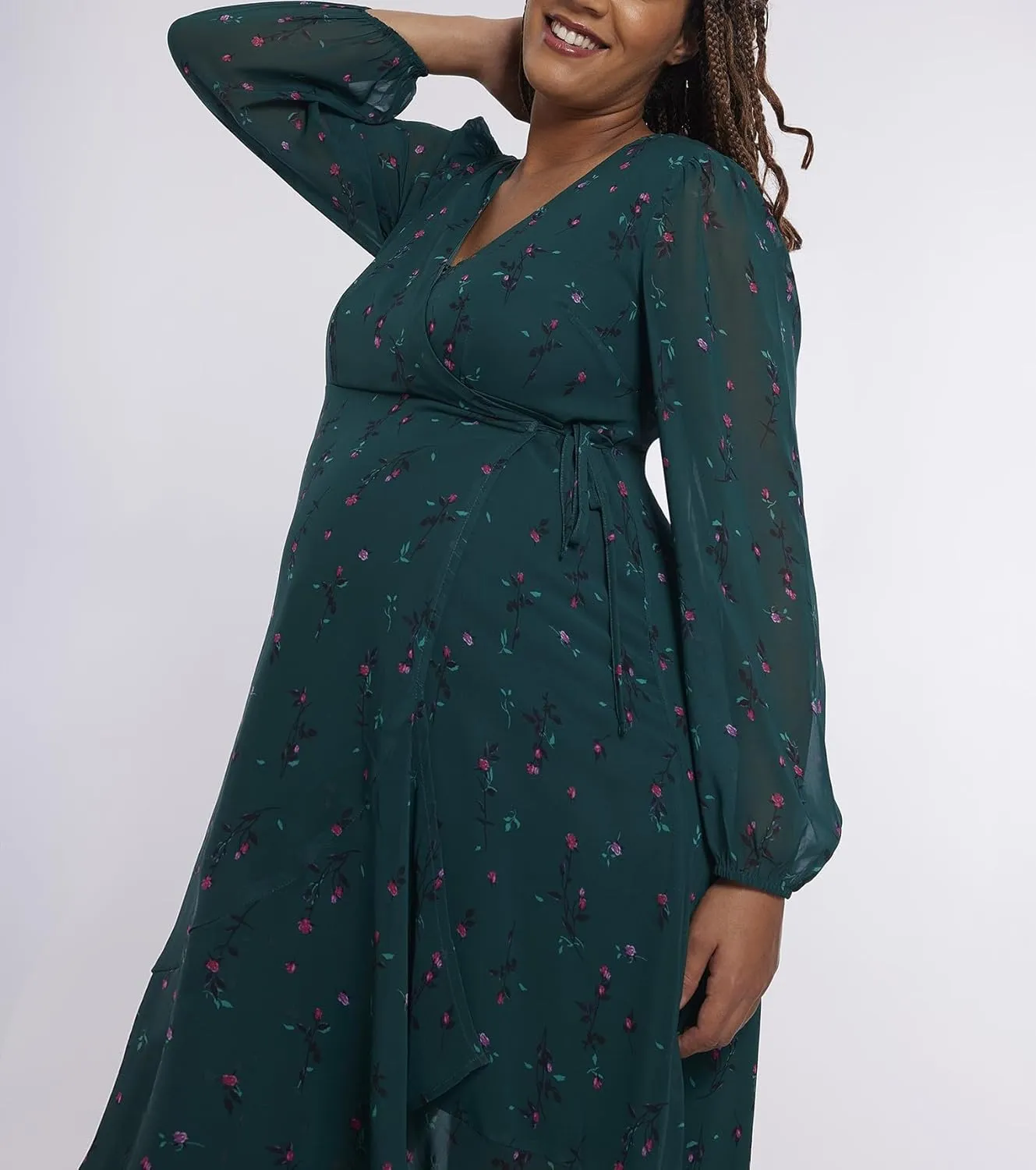 Motherhood Maternity Women's Long Sleeve Wrap Flounce Midi Pregnancy Dress