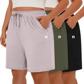 Neer 3 Pack Plus Size Women's Bermuda Shorts Cotton Drawstring High Waisted Casual Athletic Sweatpants Shorts with Pockets