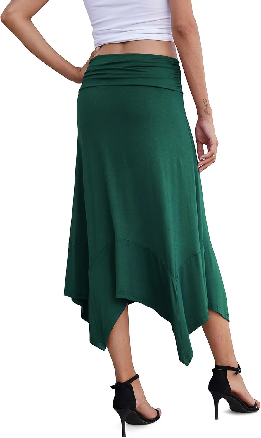 PrinStory Women's Casual Elegant Flowy Handkerchief Hemline Midi Skirt