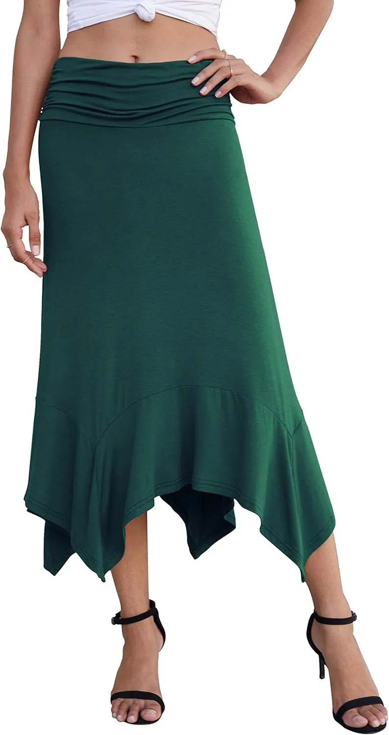 PrinStory Women's Casual Elegant Flowy Handkerchief Hemline Midi Skirt