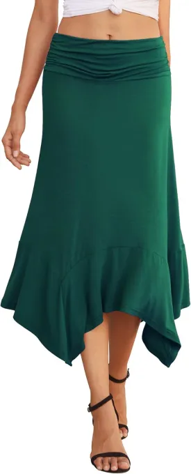 PrinStory Women's Casual Elegant Flowy Handkerchief Hemline Midi Skirt