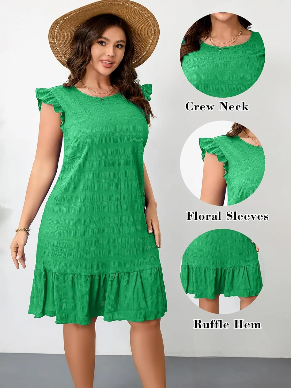 RWJ Plus Size Women Summer Dresses Ruffle Sleeve Round Neck Solid Loose Casual Pleated Mini Dress Short Sundress 2025