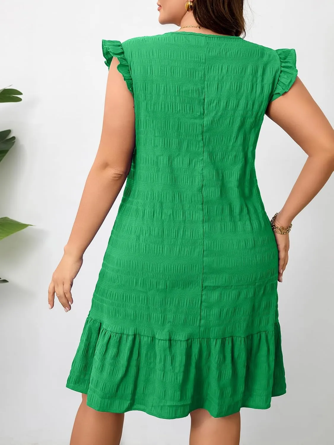 RWJ Plus Size Women Summer Dresses Ruffle Sleeve Round Neck Solid Loose Casual Pleated Mini Dress Short Sundress 2025