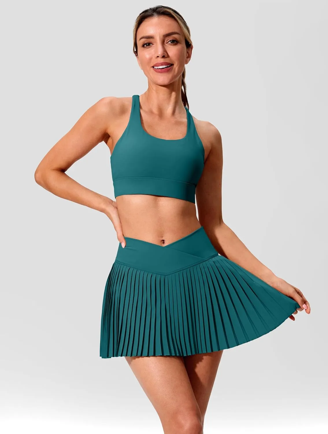 SANTINY Pleated Tennis Skirt for Women with Pockets Crossover High Waisted Lightweight Athletic Golf Skorts