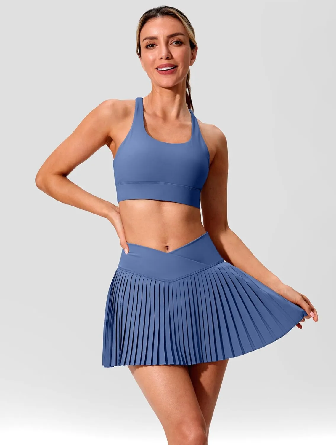 SANTINY Pleated Tennis Skirt for Women with Pockets Crossover High Waisted Lightweight Athletic Golf Skorts