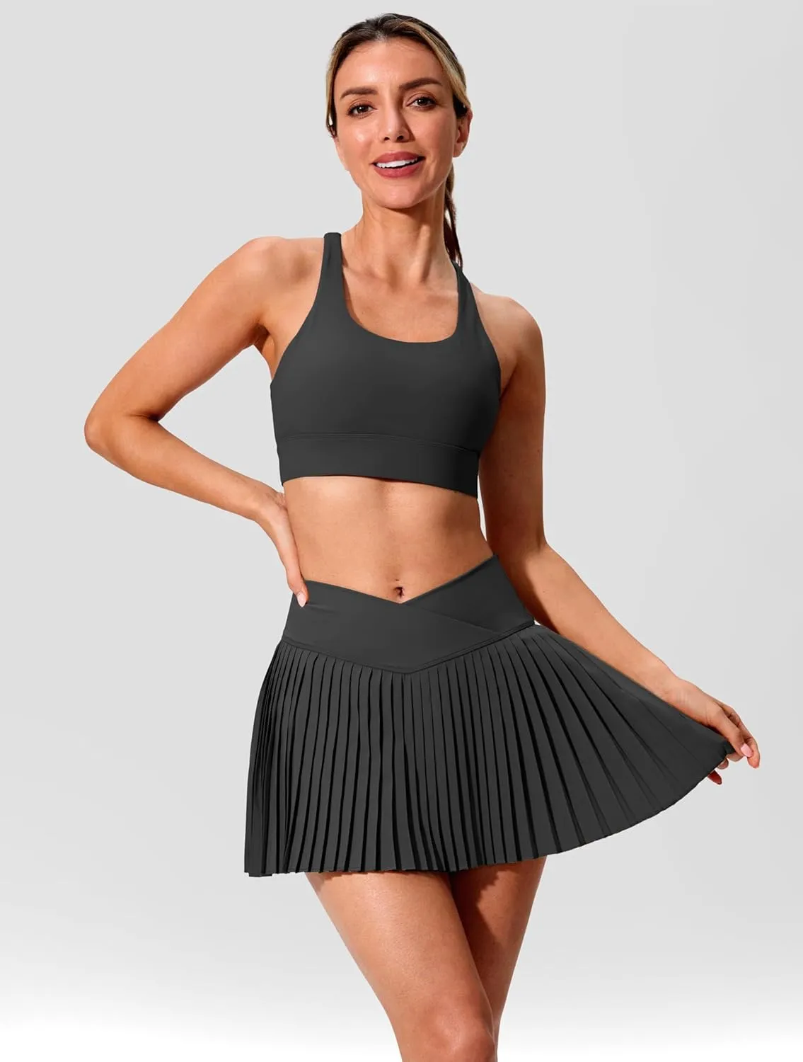 SANTINY Pleated Tennis Skirt for Women with Pockets Crossover High Waisted Lightweight Athletic Golf Skorts