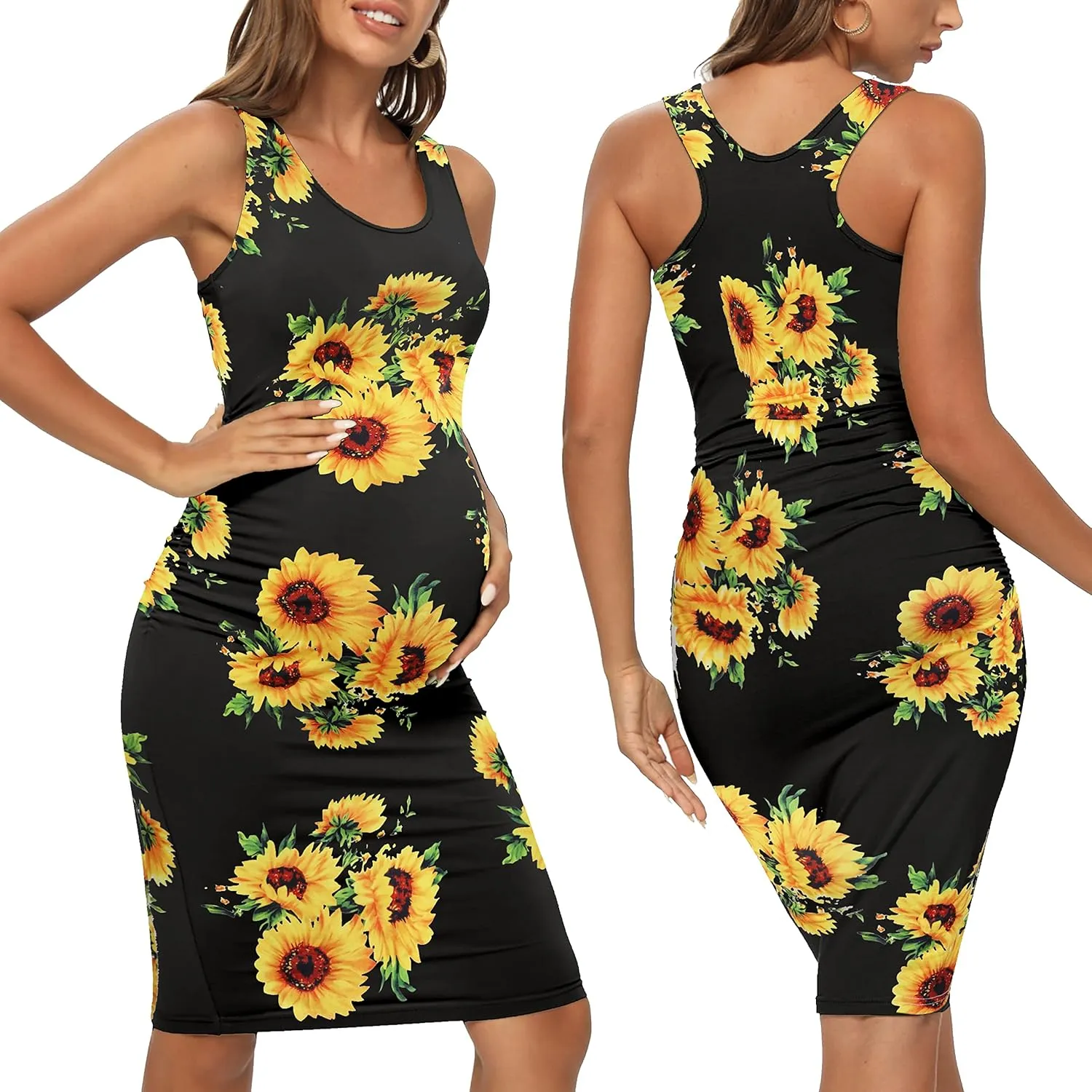 Summer Racerback Tank Maternity Dress, Midi Sleeveless Casual Bodycon Pregnancy Dress