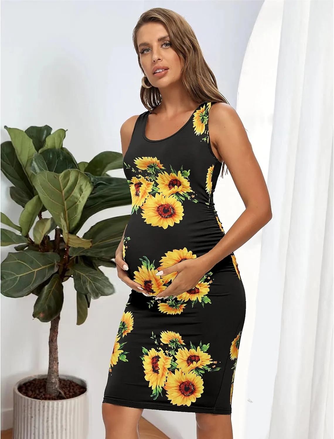 Summer Racerback Tank Maternity Dress, Midi Sleeveless Casual Bodycon Pregnancy Dress