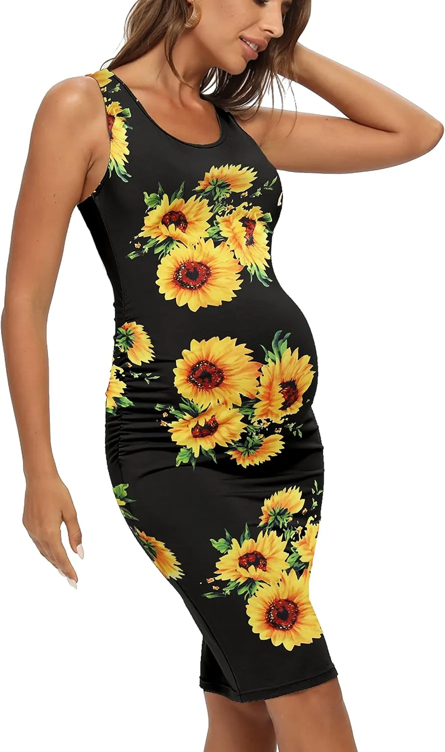 Summer Racerback Tank Maternity Dress, Midi Sleeveless Casual Bodycon Pregnancy Dress
