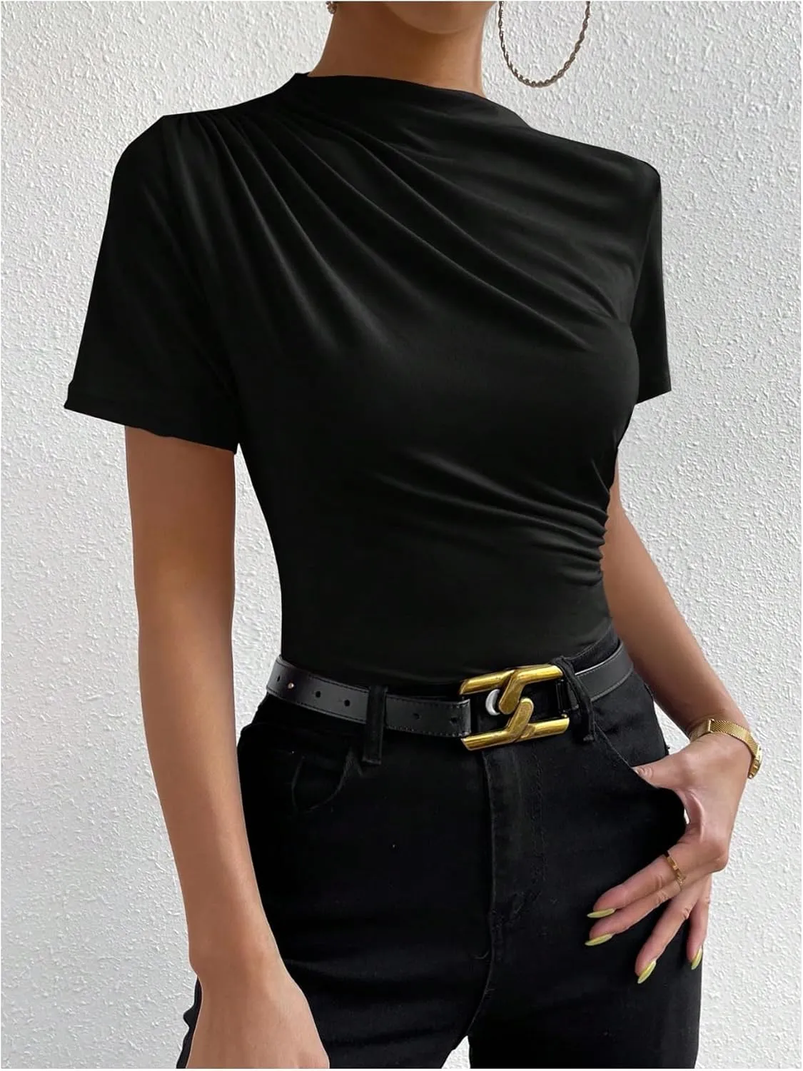 SweatyRocks Women's Ruched Mock Neck T Shirt Short Sleeve Fitted Summer Basic Tops