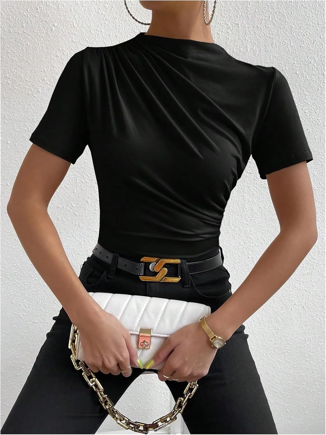 SweatyRocks Women's Ruched Mock Neck T Shirt Short Sleeve Fitted Summer Basic Tops