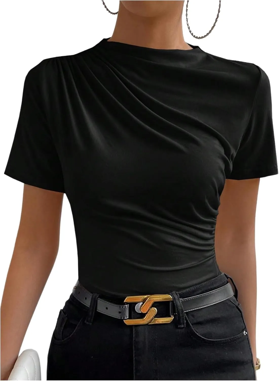 SweatyRocks Women's Ruched Mock Neck T Shirt Short Sleeve Fitted Summer Basic Tops